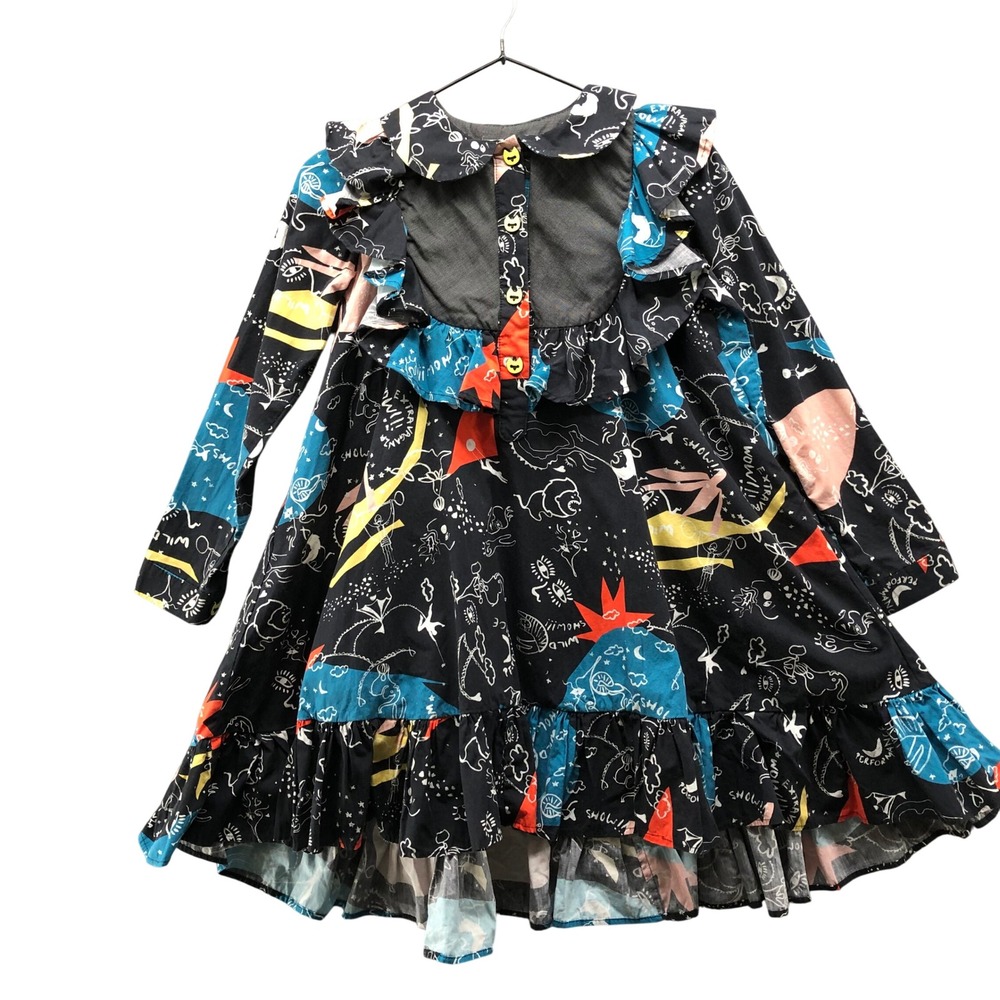 Raspberry Plum‎ Girls 9-10Y Dress Black Doodle Ruffle Long Sleeve Multicolor